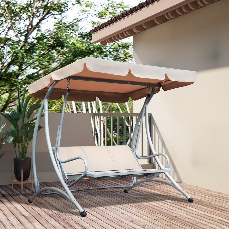 Best 3 Seater Garden Swing Seat Bench Steel Swing Chair with Adjustable Canopy for Outdoor Patio Porch - Beige - Image 10