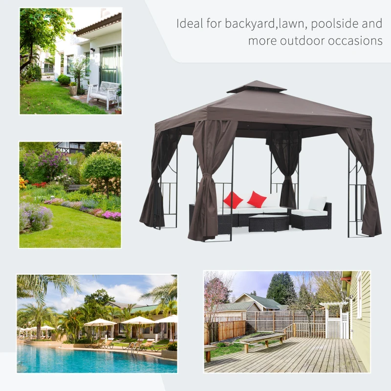 Best 3 x 3 m Garden Gazebo Double Roof Marquee Patio Wedding Party Tent Canopy Shelter with Sidewalls (Brown) - Image 7