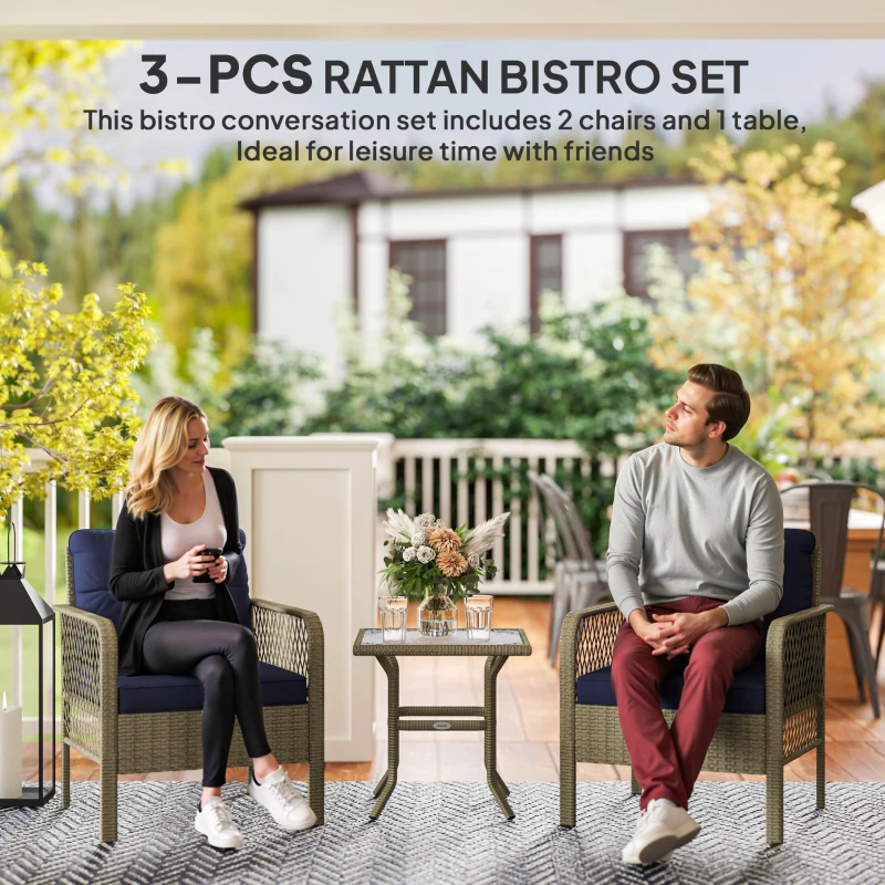 Best 3 Pieces Rattan Bistro Set with Glass Top Coffee Table, Chairs and Cushions for Outdoor, Patio, Balcony, Charcoal Grey - Image 4