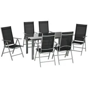 Best 7 Piece Garden Dining Set, Outdoor Table and 6 Folding and Reclining Chairs, Aluminium Frame, Tempered Glass Top Table, Texteline Seats, Black