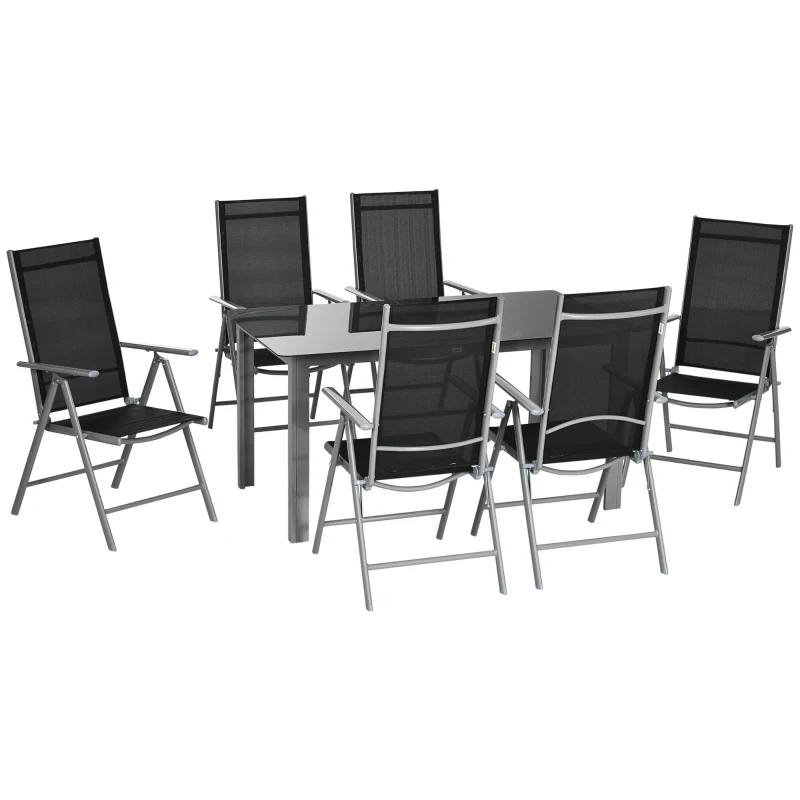 Best 7 Piece Garden Dining Set, Outdoor Table and 6 Folding and Reclining Chairs, Aluminium Frame, Tempered Glass Top Table, Texteline Seats, Black