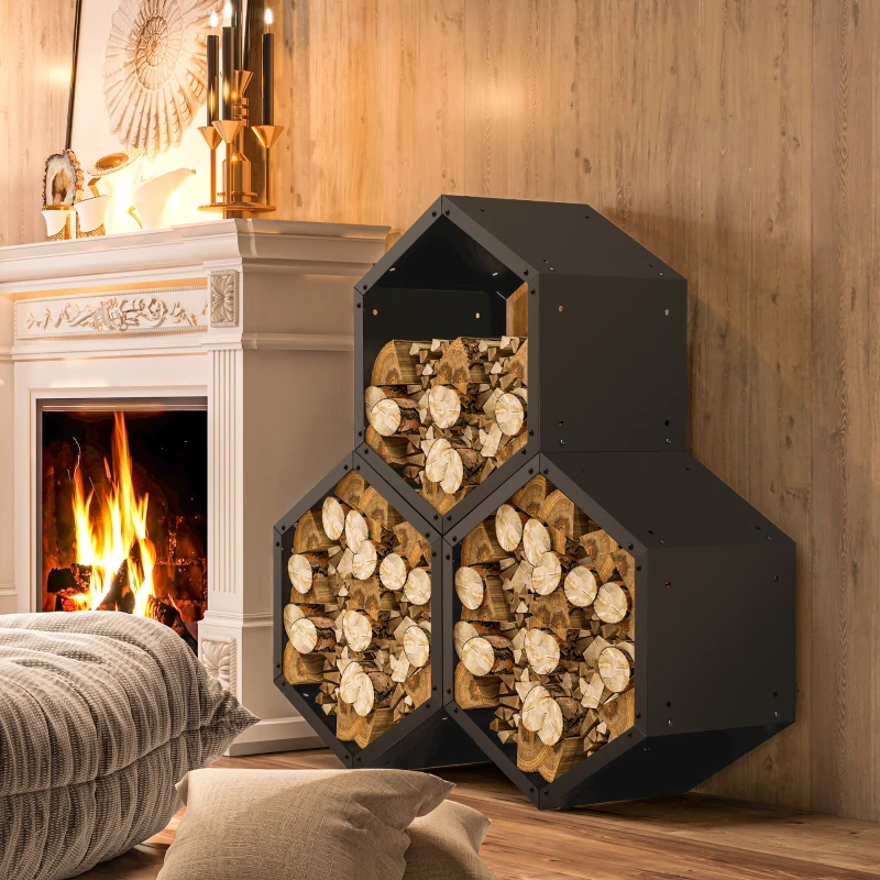 Best Fireplace Log Rack, Steel Firewood Log Holder, 3 Hexagon Boxes, Indoor Outdoor Wood Storage Shelf, 113 x 37 x 113cm, Black - Image 7