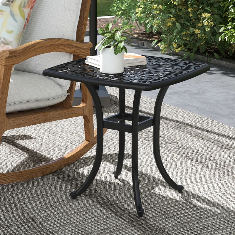 Best Cast Aluminium Bistro Table, Outdoor Square Side Table with Umbrella Hole, Garden Table for Balcony, Black - Image 2