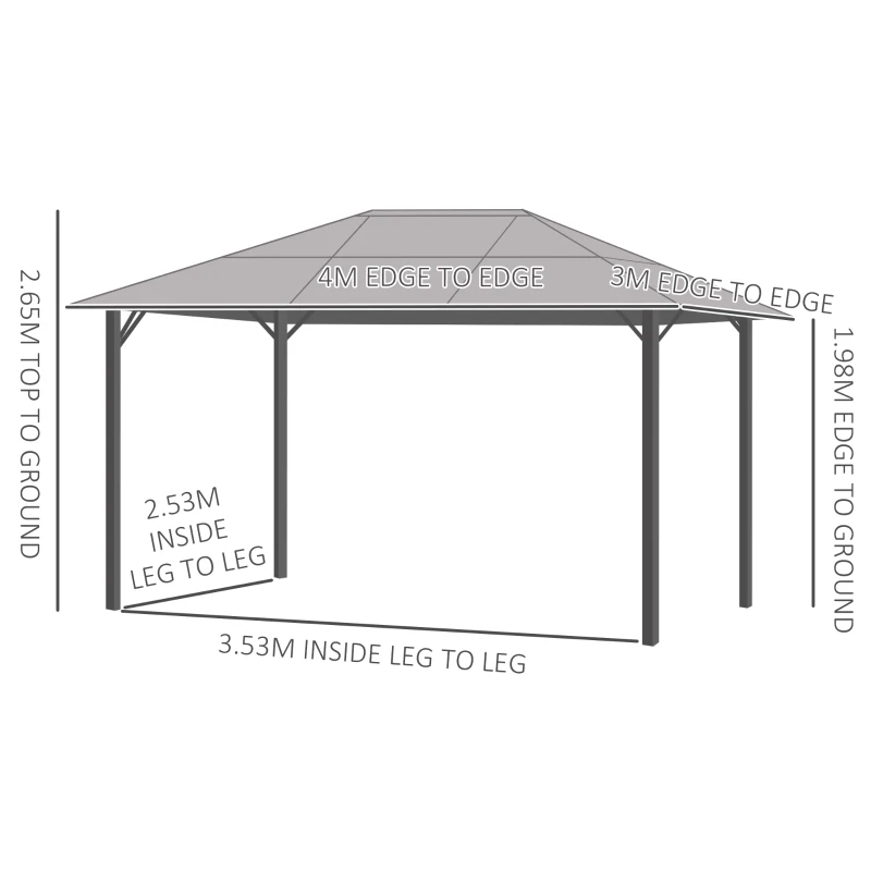Best 3 x 4m Hardtop Gazebo Canopy with Polycarbonate Roof, Aluminium Frame, Permanent Pavilion Garden Gazebo with Netting and Curtains - Grey - Image 3