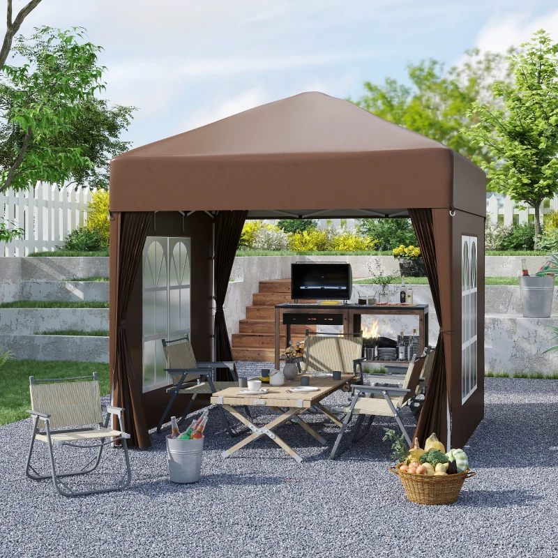 Best 2 x 2 m Garden Pop Up Gazebo, Wedding Party Tent Marquee, Water Resistant Awning Canopy with Sidewalls, Windows, Carry Bag, Coffee - Image 2