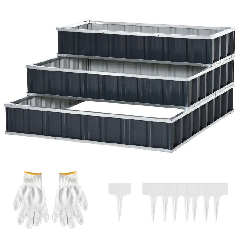 Best 3 Tier Raised Garden Bed, Metal Elevated Planer Box Kit Flower Pot w/ A Pairs of Glove for Garden, Patio to Grow Vegetables, Herbs, Flowers, 118 x 118 x 62 cm, Grey - Image 11