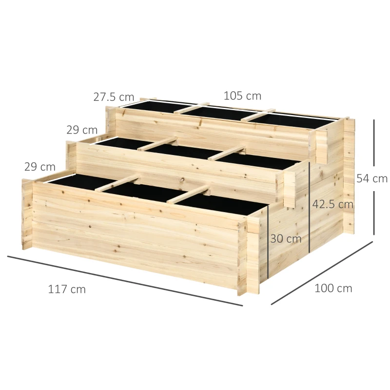 Best 117cm x 100cm x 54cm 3 Tier Raised Garden Bed 376L Fir Wood Elevated Planter Flower Box with 9 Grow Grids and Non-woven Fabric for Vegetables, Flower, Herb Outdoor Indoor Use - Image 3