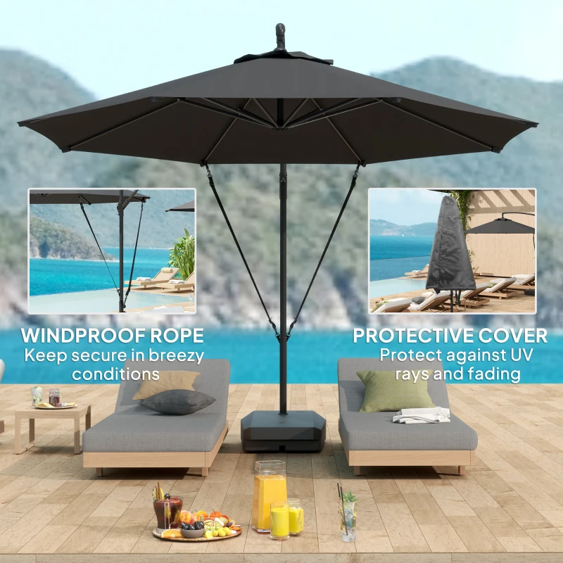 Best 3(m) Garden Cantilever Parasol with Fillable Base, Wind Protection Strap, Cover, Round Banana Hanging Umbrella with Crank Handle and Tilt, Patio Umbrella for Outdoor Sun Shade, UPF50+, Grey - Image 5