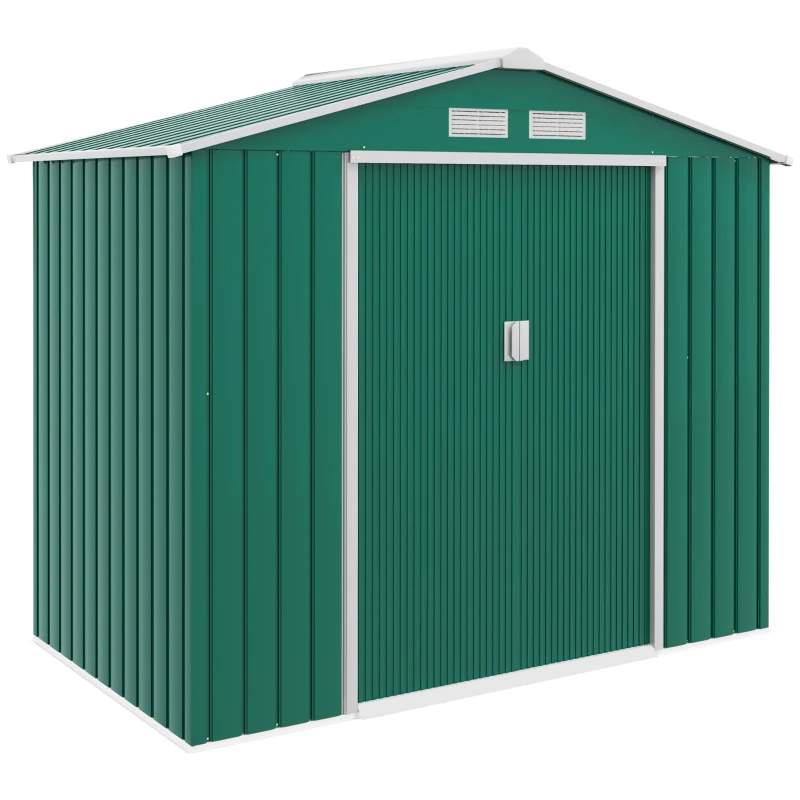 Best 7 x 4ft Metal Garden Shed, Outdoor Storage Tool House with Ventilation Slots, Foundation Kit and Lockable Double Doors, Green