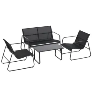 Best 4 Piece Garden Furniture Set Outdoor Patio Sofa Set with Double Chair, Single Chairs and Glass Top Table for Terrace and Balcony, Black