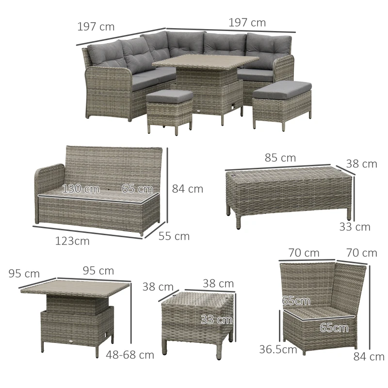Best 6 Pieces Outdoor PE Rattan Garden Furniture, Patio Wicker Sectional Conversation Corner Sofa w/ Soft Padded Cushion & Liftable Coffee Table, Grey - Image 3