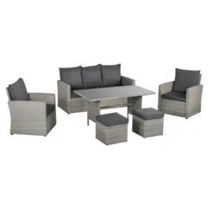 Best Six-Piece Rattan Sofa Set, with Glass-Top Table - Mixed Grey