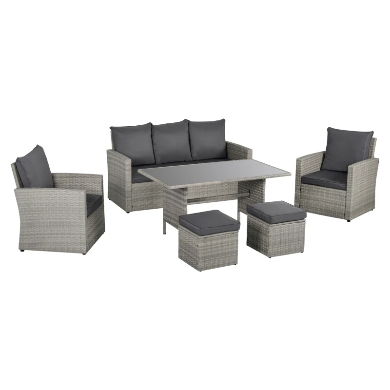 Best Six-Piece Rattan Sofa Set, with Glass-Top Table - Mixed Grey