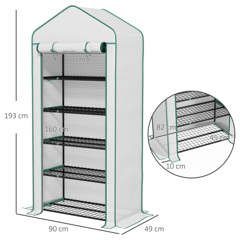 Best 5 Tier Widened Mini Greenhouse with Reinforced PE Cover, Portable Indoor Outdoor Green House with Roll-up Door and Wire Shelves, 193H x 90W x 49Dcm, White - Image 3