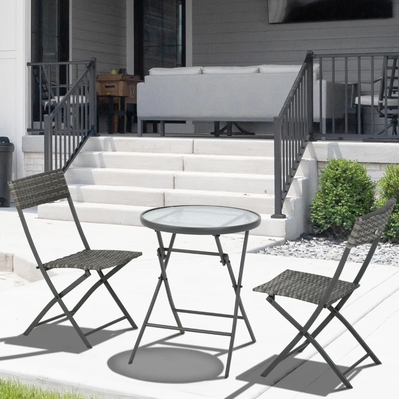 Best 3 Pieces Rattan Bistro Set, Wicker Folding Garden Furniture Set with Glass Top Coffee Table and Chairs for Outdoor, Patio, Balcony, Grey - Image 2