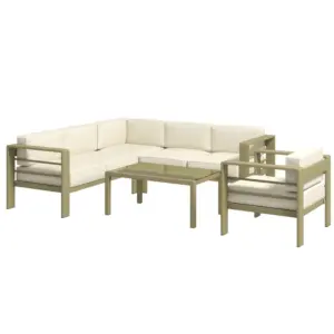 Best 5-Piece Garden Corner Sofa Set with Cushions, 6 Seater Aluminium Garden Furniture Set with Glass Top Coffee Table, Patio Sectional Conservatory Furniture for Patio & Terrace, Gold Tone