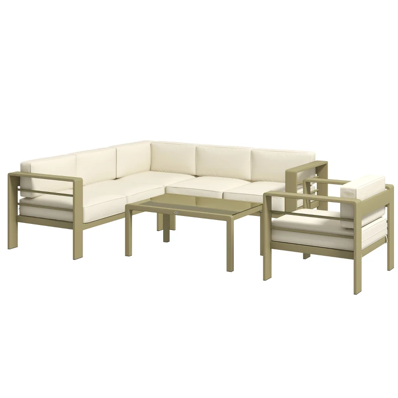Best 5-Piece Garden Corner Sofa Set with Cushions, 6 Seater Aluminium Garden Furniture Set with Glass Top Coffee Table, Patio Sectional Conservatory Furniture for Patio & Terrace, Gold Tone