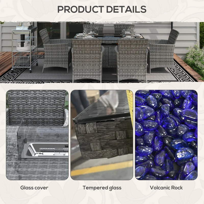 Best 7 Pieces Outdoor Rattan Garden Furniture with Fire Pit Table, 6 Seater Garden Table and Chairs with Cushions, Rattan Dining Set with Propane Heater Table, Windscreen, 50,000 BTU, Grey - Image 7