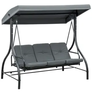 Best 3 Seater Canopy Swing Chair, 2 in 1 Garden Swing Seat Bed, with Adjustable Canopy and Metal Frame, Dark Grey