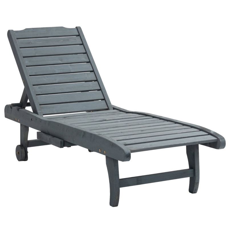 Best Garden Patio Sun Lounger, Outdoor Wooden Sun Bed with Built-In Table, Reclining Backrest and Rolling Wheels for Sunbathing, Grey - Image 11