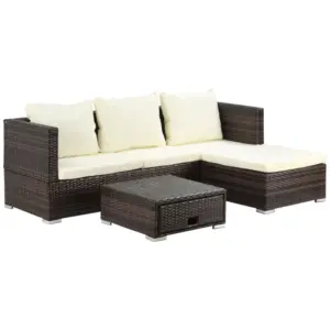 Best 3 Pieces Rattan Garden Furniture Sofa Set, 4 Seater Garden Corner Sofa with 5-Level Reclining Sun Lounger and Storage Coffee Table, Outdoor Furniture Conservatory Set with Cushions, Brown