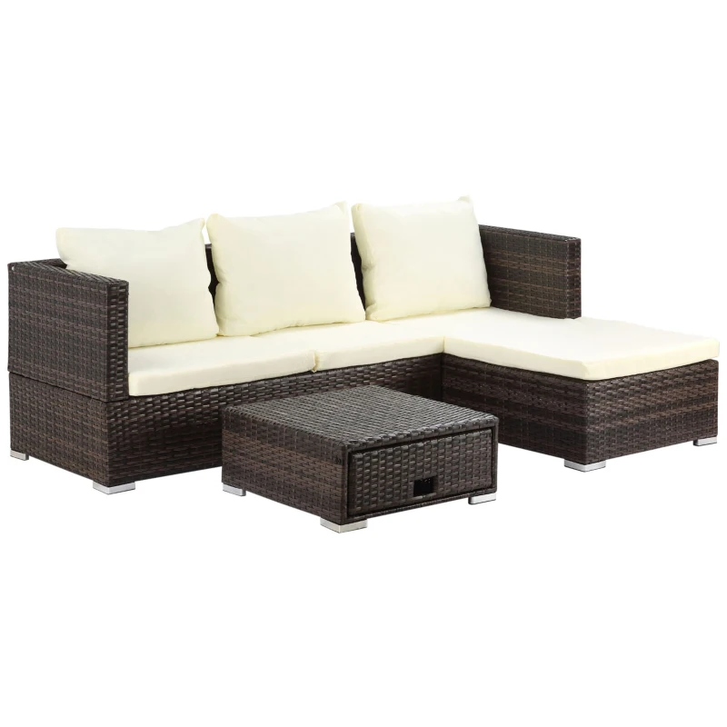 Best 3 Pieces Rattan Garden Furniture Sofa Set, 4 Seater Garden Corner Sofa with 5-Level Reclining Sun Lounger and Storage Coffee Table, Outdoor Furniture Conservatory Set with Cushions, Brown