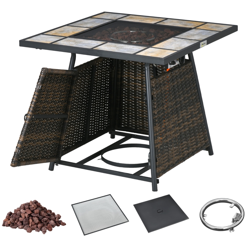 Best Square Outdoor PE Rattan Fire Pit TableGas Burner Heater w/ Control Panel, Slate Top, Lid and Lava Rocks, 50,000 BTU - Image 11
