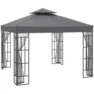 Best 3 x 3(m) Patio Gazebo Canopy Garden Pavilion Tent Shelter with 2 Tier Roof and Mosquito Netting, Steel Frame, Grey