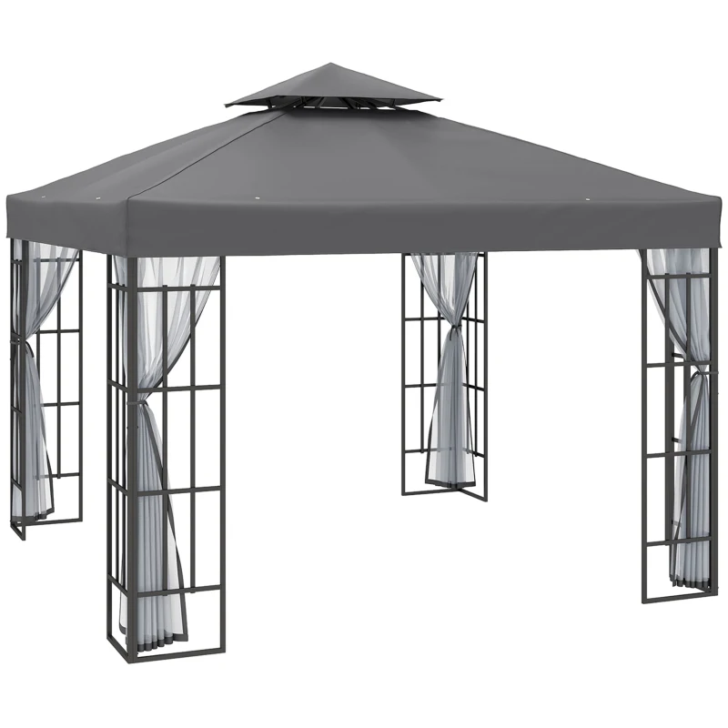 Best 3 x 3(m) Patio Gazebo Canopy Garden Pavilion Tent Shelter with 2 Tier Roof and Mosquito Netting, Steel Frame, Grey