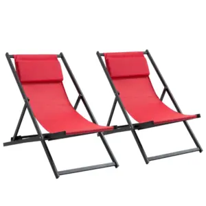 Best Set of 2 Folding Garden Beach Aluminium Frame Deck Chairs Deckchairs Seaside Folding Garden Patio Lounger, Red