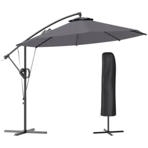 Best 3(m) Garden Cantilever Parasol with Cover and Wind Protection Strap, Round Overhanging Umbrella with Crank Handle and Tilt, Banana Patio Umbrella for Outdoor Sun Shade, UPF50+, Grey