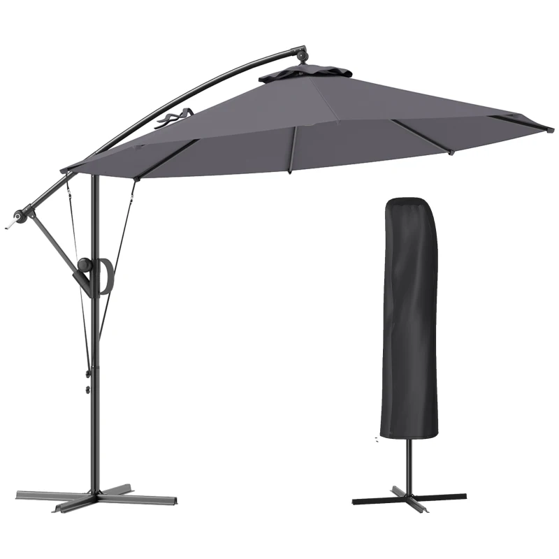 Best 3(m) Garden Cantilever Parasol with Cover and Wind Protection Strap, Round Overhanging Umbrella with Crank Handle and Tilt, Banana Patio Umbrella for Outdoor Sun Shade, UPF50+, Grey