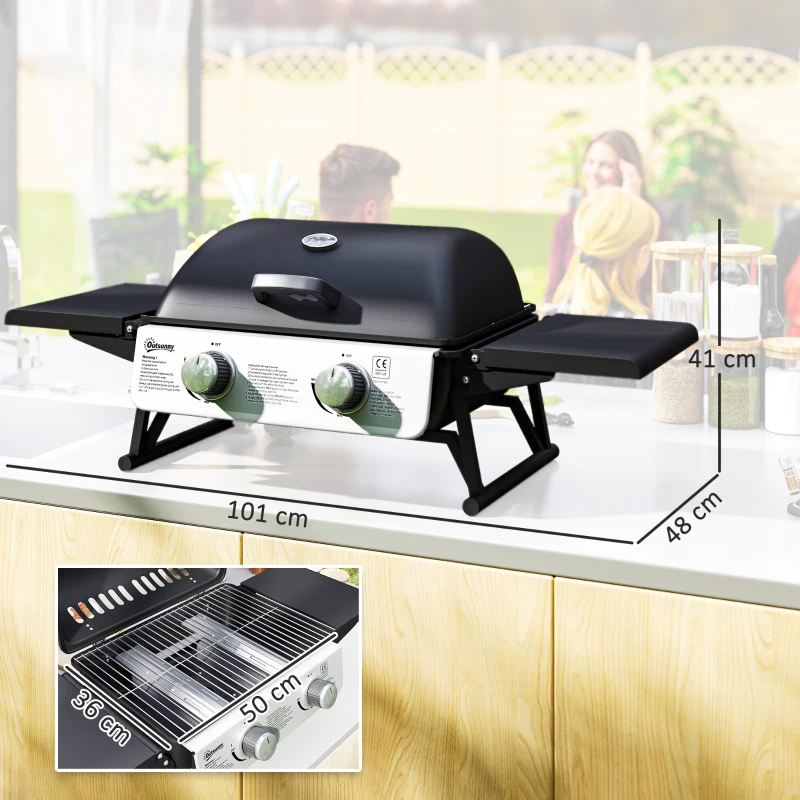 Best 2 Burner Gas BBQ Grill with Foldable Side Tables, Portable Tabletop Gas Barbecue Grill with Built-in Thermometer, Lid, Grease Tray for Garden Party Camping Picnic Outdoor Cooking 5.6KW, Black - Image 3