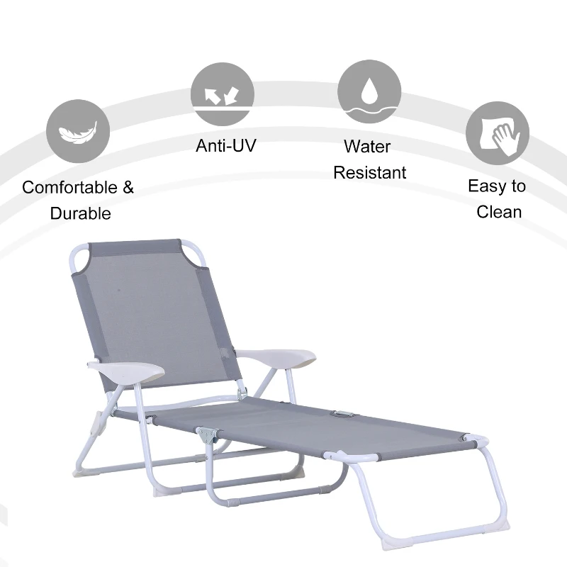 Best Foldable Sun Lounger, Outdoor 4 Level Adjustable Backrest Reclining Lounge Chair with Armrests for Patio, Garden, Grey - Image 5