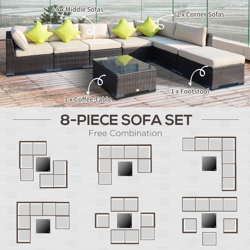 Best 8 Pieces PE Rattan Corner Sofa Set with Thick Cushions, Aluminium Outdoor Rattan Garden Furniture Set with Glass Top Table, No Assembly Required, Mixed Brown - Image 6