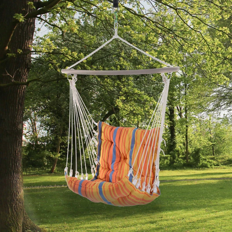 Best Outdoor Hanging Rope Chair with Soft Padded Seat & Backrest, Garden Hammock Chair with Wooden Support Bar Cotton Cloth, Portable Garden Chair for Patio & Tree, Orange - Image 2