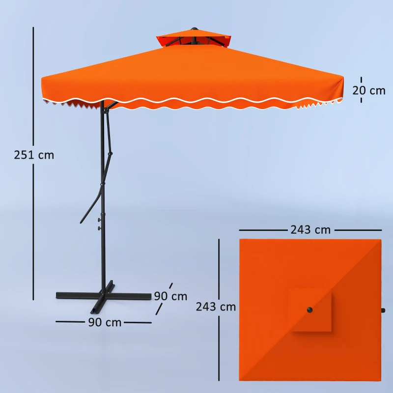 Best 2.5m Cantilever Parasol with Easy Lever, Square Double Top Garden Parasol Umbrella with Ruffles and Cross Base, Overhanging Outdoor Sun Shades, Orange - Image 3