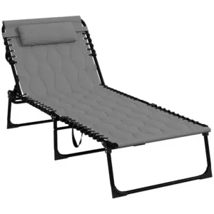 Best Foldable Sun Lounger with 5-level Reclining Back, Outdoor Tanning Chair Sun Lounger with Build-in Padded Seat, Side Pocket, Headrest for Beach, Yard, Patio, Grey