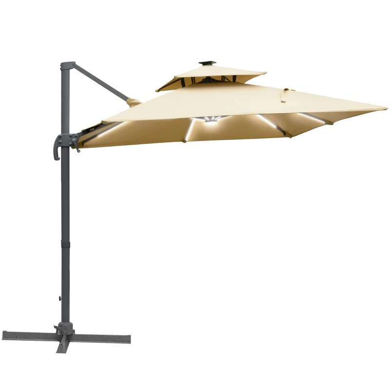 Best 3m Cantilever Parasol, Outdoor Offset Patio Umbrella, Solar LED Lighted Hanging Sun Shade Canopy with Tilt and Crank Handle, Cross Base for Lawn, Khaki