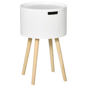 Best Modern Side Table with Hidden Storage Space, Round Night Stand with Removable Tray Wood Frame End Coffee Table for Living Room, White