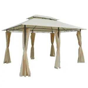 Best 4m x 3(m)Garden Gazebo, Double Roof Outdoor Gazebo Canopy Shelter with Curtains, Solid Steel Frame for Lawn and Deck, Beige
