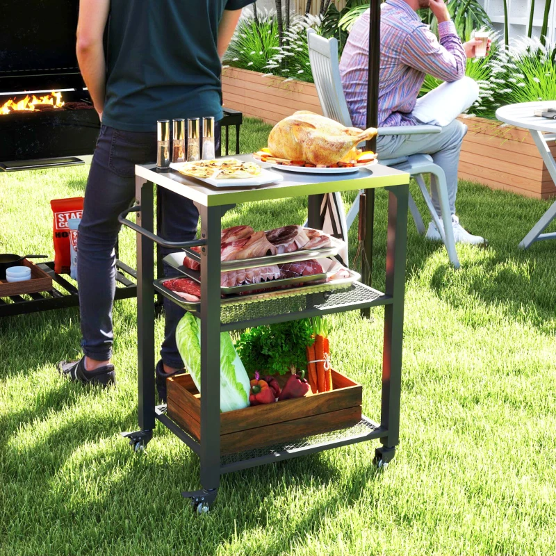 Best Three-Shelf Outdoor Grill Cart with Stainless Steel Top, Outdoor Kitchen Island with 4 Wheels, 3 Hooks, Movable Food Prep Pizza Oven Table for Kitchen, Patio, Garden, 65.5 x 41 x 79 cm - Image 2