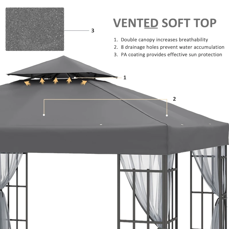 Best 3 x 3(m) Patio Gazebo Canopy Garden Pavilion Tent Shelter with 2 Tier Roof and Mosquito Netting, Steel Frame, Grey - Image 4