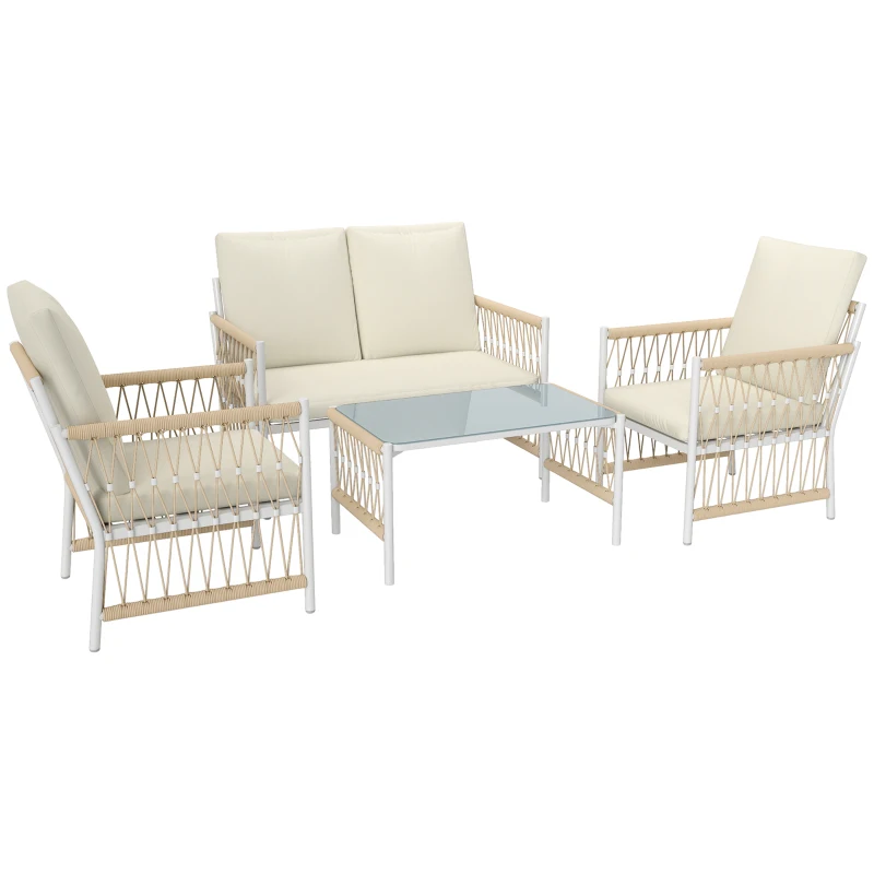 Best 4 Piece Rattan Garden Furniture Set, 4 Seater Wicker Patio Conversation Set with 2 Armchairs, Loveseat, Glass Top Coffee Table and Cushions for Outdoor, Balcony, Khaki