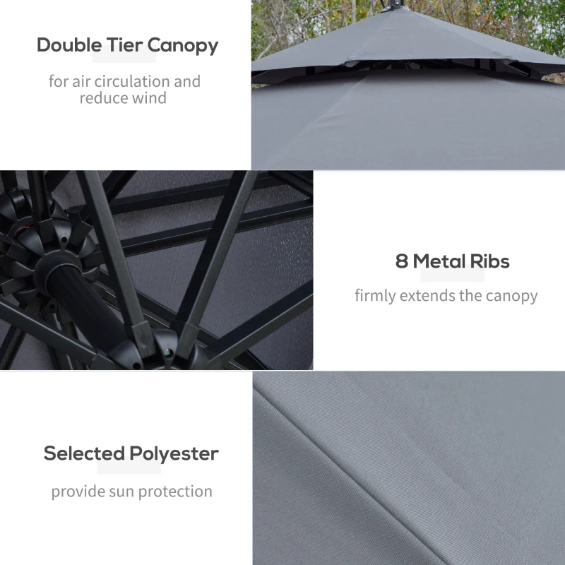 Best 3(m) Cantilever Banana Parasol Hanging Umbrella with Double Roof, LED Solar lights, Crank, 8 Sturdy Ribs and Cross Base for Outdoor, Garden, Patio, Grey - Image 7