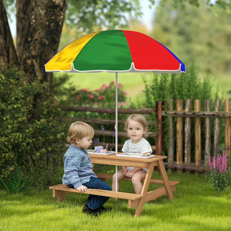 AIYAPLAY Kids Picnic Table, Sand and Water Table with Wooden Benches, Adjustable Parasol and Storage Bins, Multicolour - Image 2