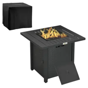 Best Rattan-style Propane Gas Fire Pit Table with 40,000 BTU Burner, Square Smokeless Firepit Patio Heater with Thermocouple, Lava Rocks, Waterproof Cover, Spark Guard and Lid, Black