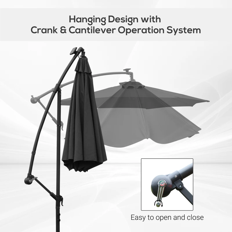 Best 3m LED Patio Banana Umbrella Cantilever Parasol w/ Crank Cross Base Hanging Offset Umbrella Frame Steel Aluminium Garden Table Outdoor Black - Image 6