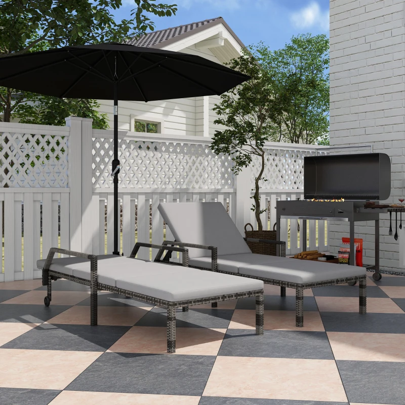 Best Outdoor PE Rattan Sun Lounger Set of 2, Wicker Chaise Recliner Garden Chair with 5-Level Adjustable Backrest and 2 Wheels, Grey - Image 2