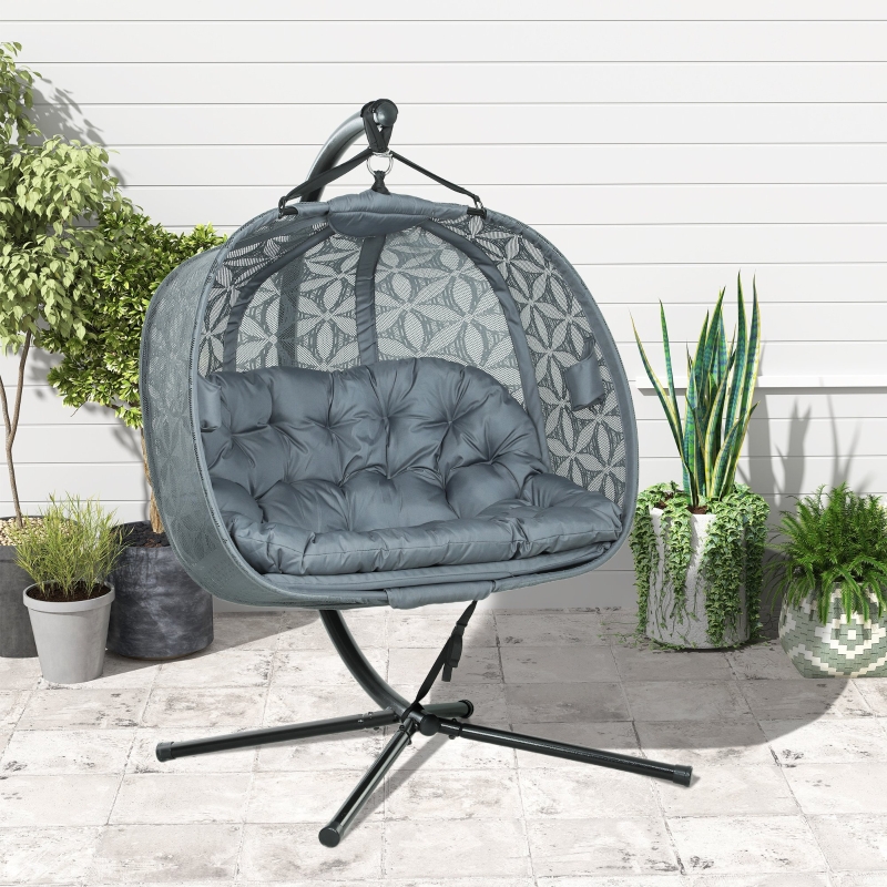 Best Outdoor Double Hanging Chair with Cushion and Cup Holders, Charcoal Grey - Image 9